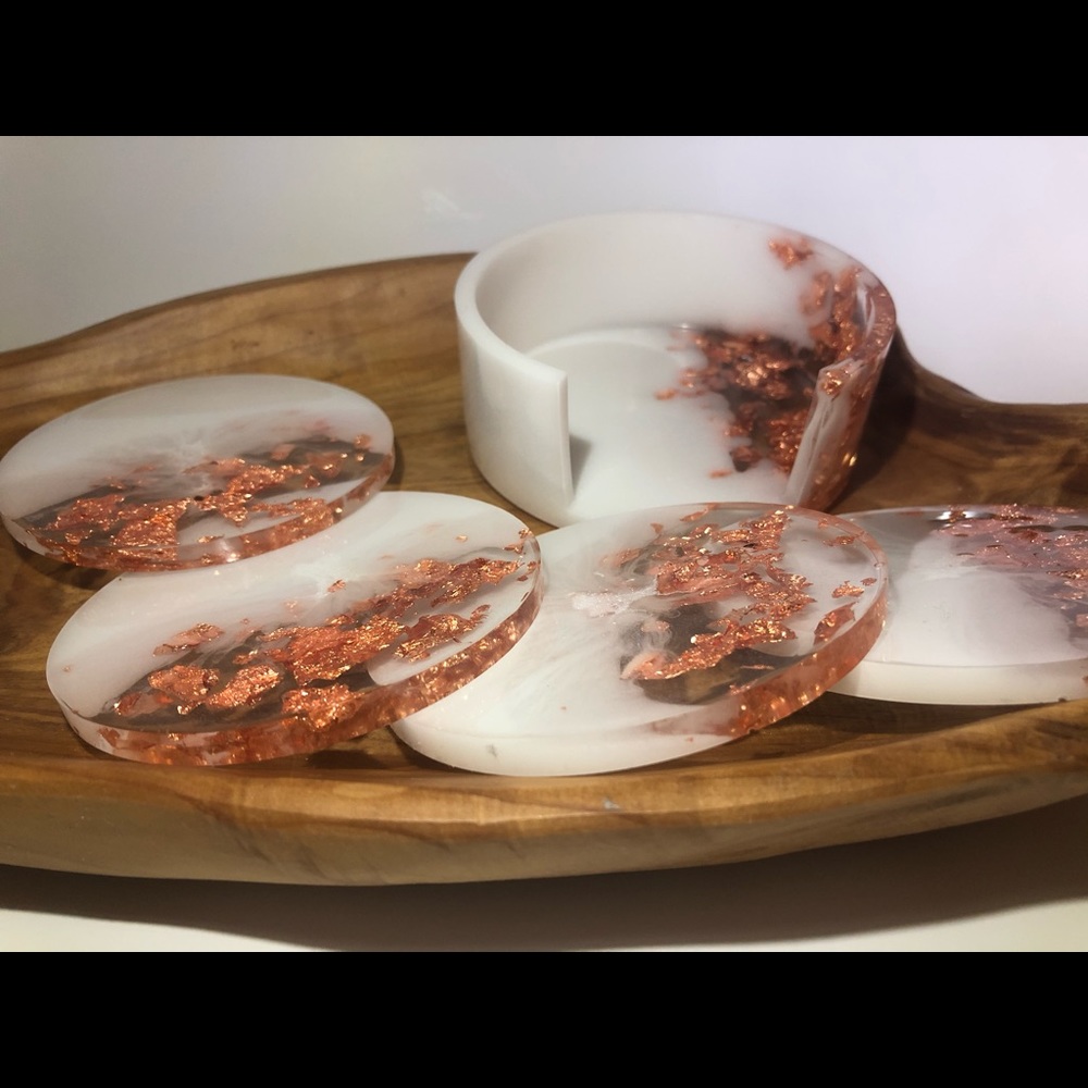Copper/Rose Gold & White Coaster Set With Holder - Picture 10 of 14